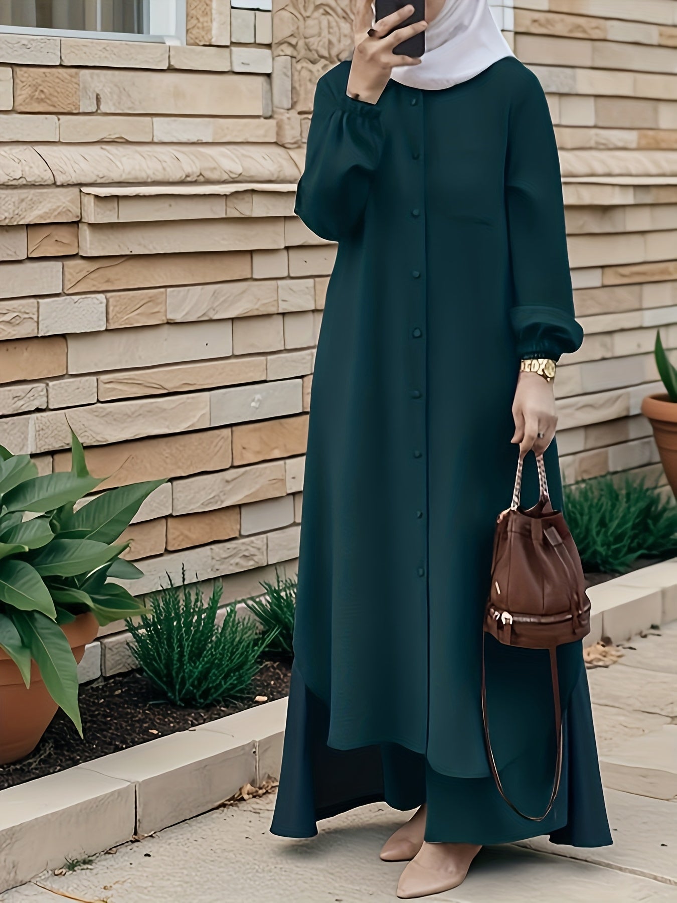 Ramadan | Elegant Front Button Autumn-Winter 2pcs Jilbab set | Plain Front Button abaya women modest + Loose Wide Leg Pants | Banquet, Date, Urban Commute