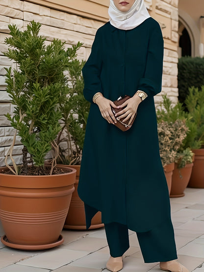 Ramadan | Elegant Front Button Autumn-Winter 2pcs Jilbab set | Plain Front Button abaya women modest + Loose Wide Leg Pants | Banquet, Date, Urban Commute